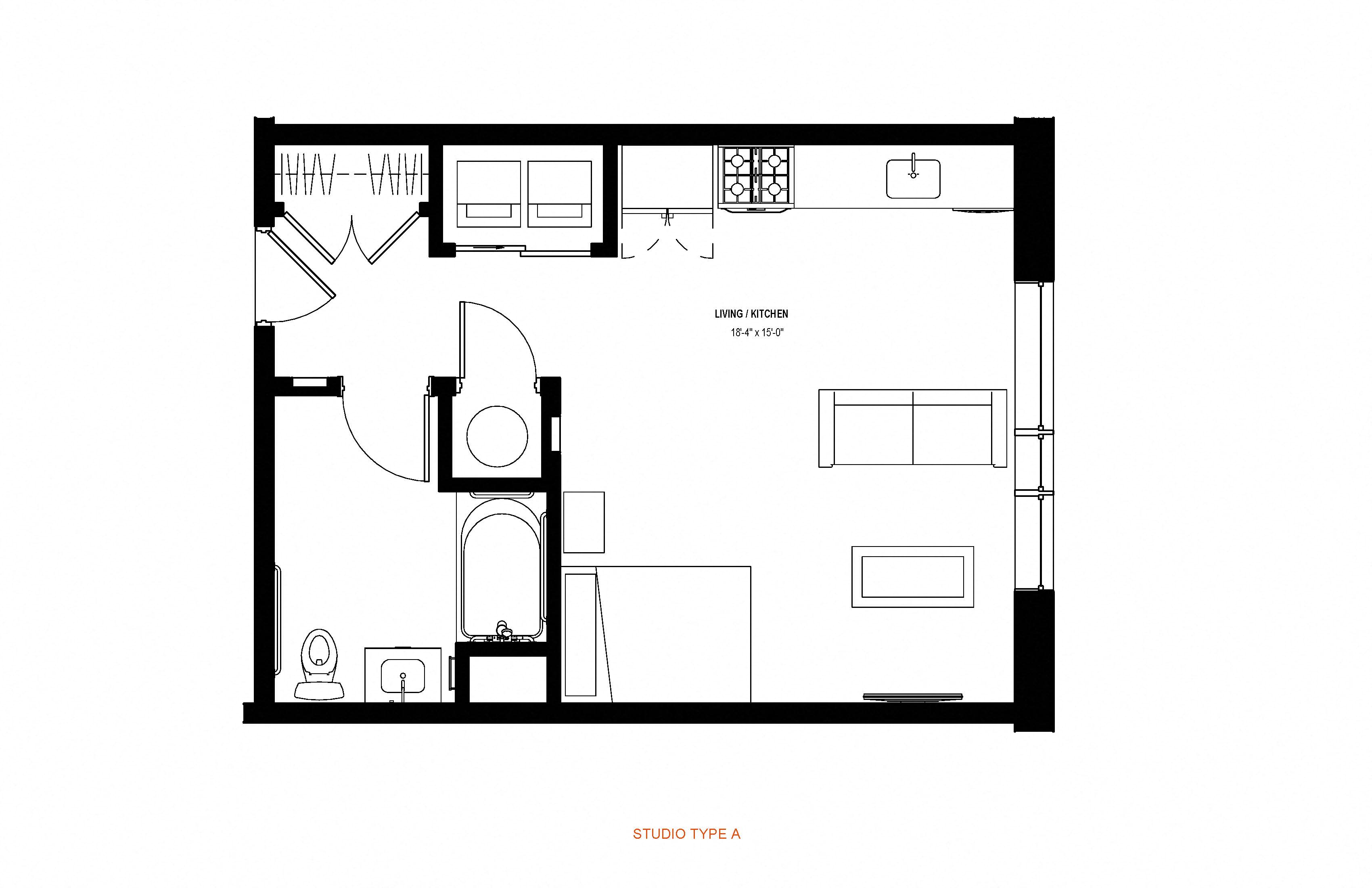 Floor plan for studio, 1 bath, 496 sqft